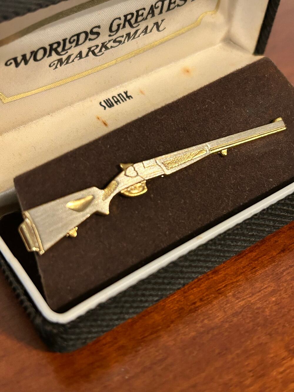 Vintage Swank Gold Tone Tie Clip World's Greatest Marksman In Box